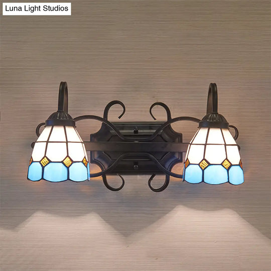 Mediterranean Dome Stained Glass Vanity Lighting: 2-Head Wall Sconce For Bathroom