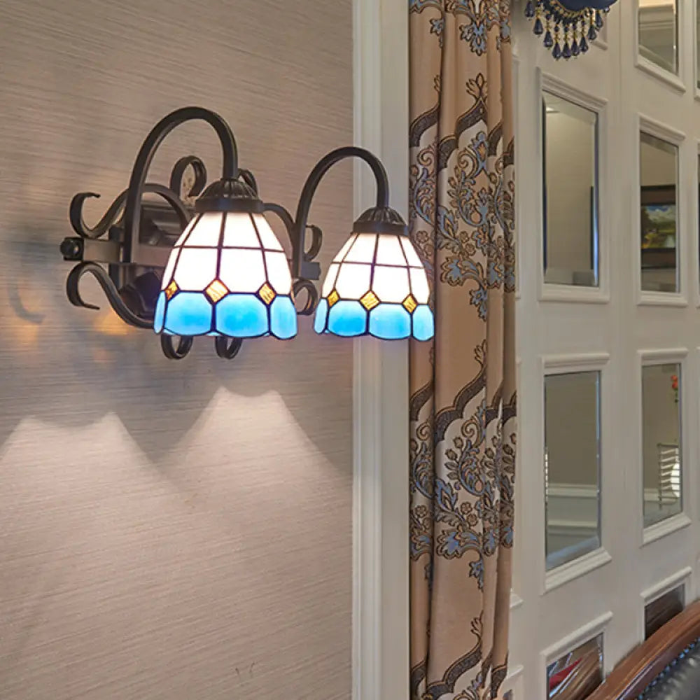 Mediterranean Dome Stained Glass Vanity Lighting: 2-Head Wall Sconce For Bathroom Blue