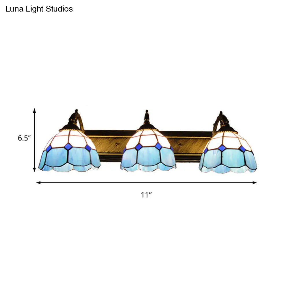 Mediterranean Dome Stained Glass Vanity Lighting With 3 Lights - Aged Brass Wall Sconce