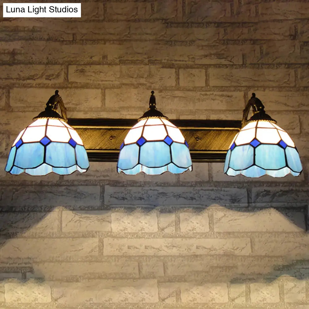 Mediterranean Dome Stained Glass Vanity Lighting With 3 Lights - Aged Brass Wall Sconce