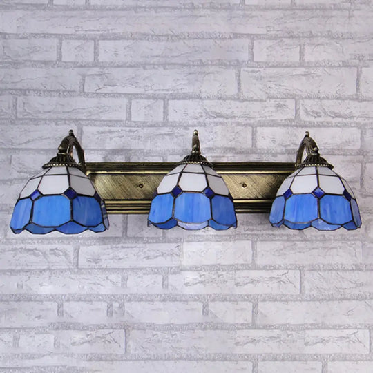 Mediterranean Dome Stained Glass Vanity Lighting With 3 Lights - Aged Brass Wall Sconce Blue