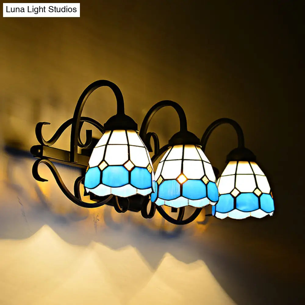 Mediterranean Dome Stained Glass Wall Sconce Light: Black Finish 3 Heads - Ideal For Bathroom