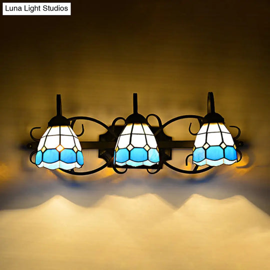 Mediterranean Dome Stained Glass Wall Sconce Light: Black Finish 3 Heads - Ideal For Bathroom