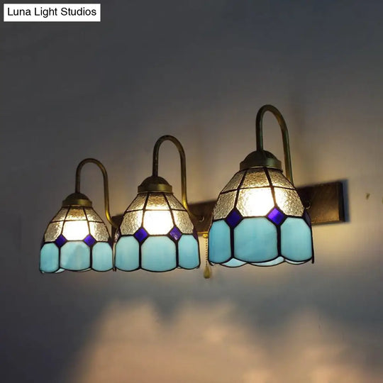 Mediterranean Dome Wall Light Fixture - 3 Blue Dimple Glass Sconce Heads For Bathroom