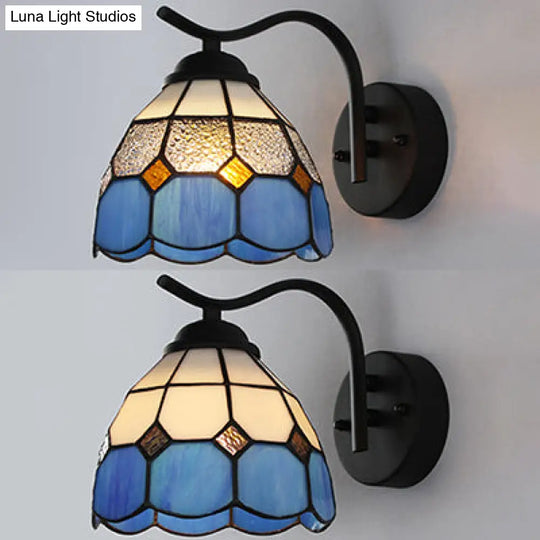 Mediterranean Dome Wall Sconce With Curved Arm And Stained Glass - 1 Light In White/Clear