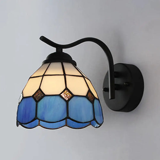 Mediterranean Dome Wall Sconce With Curved Arm And Stained Glass - 1 Light In White/Clear White