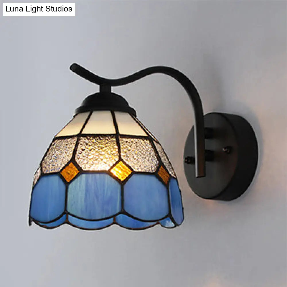 Mediterranean Dome Wall Sconce With Curved Arm And Stained Glass - 1 Light In White/Clear