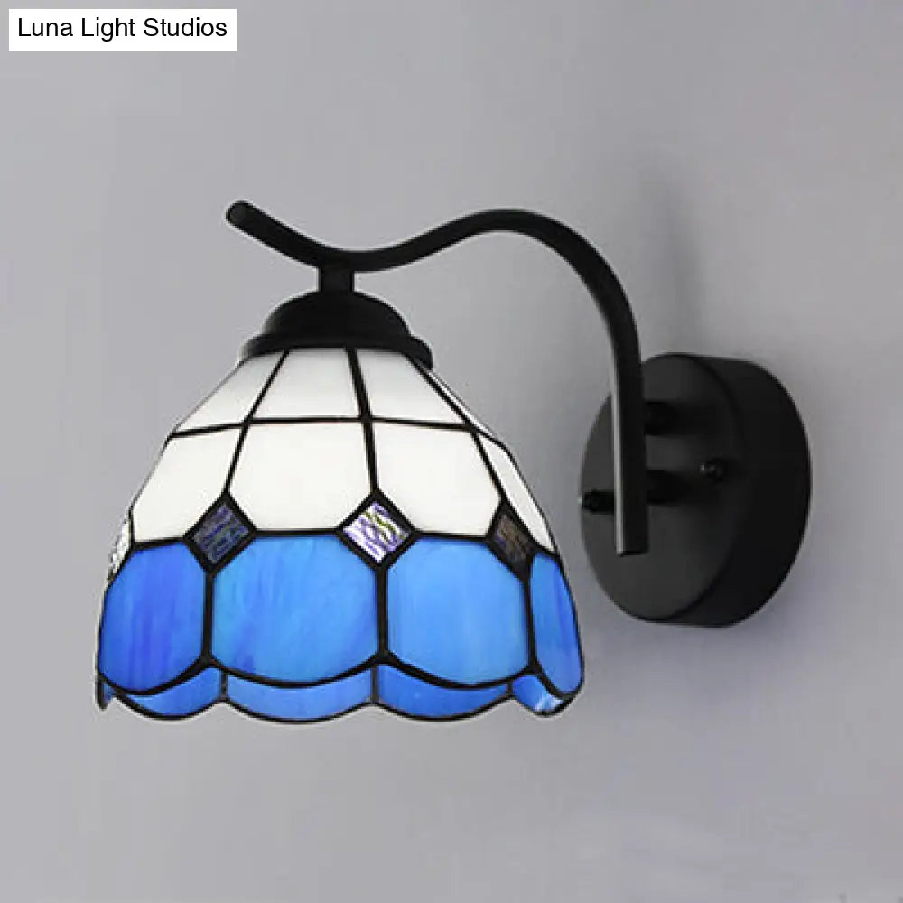 Mediterranean Dome Wall Sconce With Curved Arm And Stained Glass - 1 Light In White/Clear