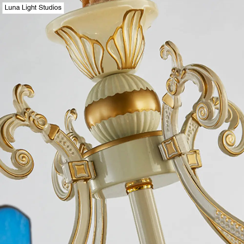 Mediterranean Domed Chandelier - 6/8 Lights Stained Glass Ceiling Lamp In Blue For Bedroom