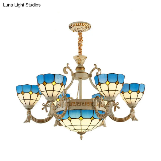 Mediterranean Domed Chandelier - 6/8 Lights Stained Glass Ceiling Lamp In Blue For Bedroom