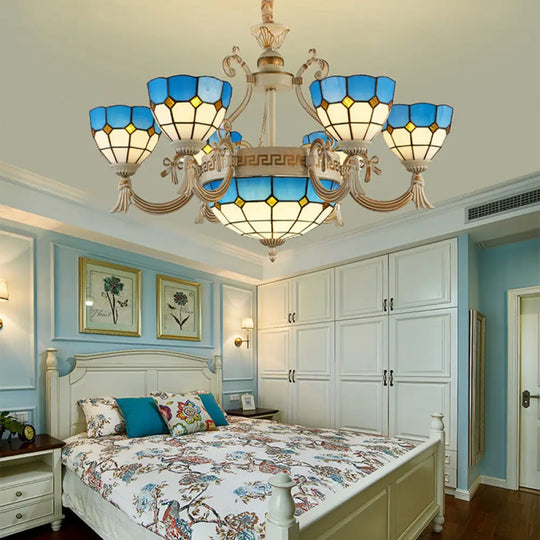 Mediterranean Domed Chandelier - 6/8 Lights Stained Glass Ceiling Lamp In Blue For Bedroom 6 /