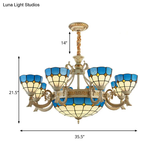 Mediterranean Domed Chandelier - 6/8 Lights Stained Glass Ceiling Lamp In Blue For Bedroom