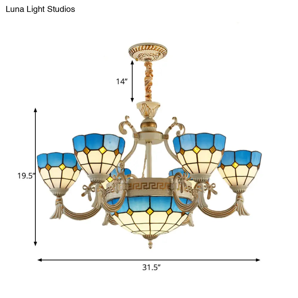 Mediterranean Domed Chandelier - 6/8 Lights Stained Glass Ceiling Lamp In Blue For Bedroom