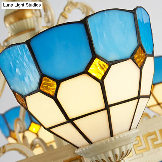 Mediterranean Domed Chandelier - 6/8 Lights Stained Glass Ceiling Lamp In Blue For Bedroom