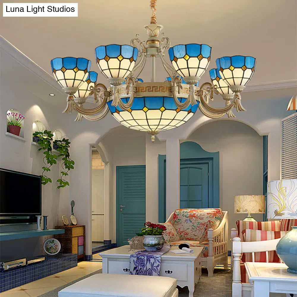 Mediterranean Domed Chandelier - 6/8 Lights Stained Glass Ceiling Lamp In Blue For Bedroom