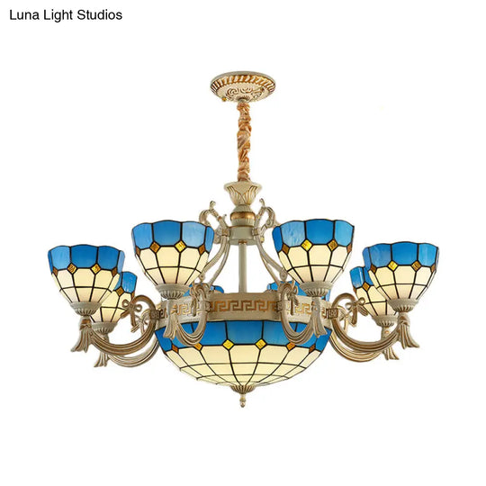 Mediterranean Domed Chandelier - 6/8 Lights Stained Glass Ceiling Lamp In Blue For Bedroom