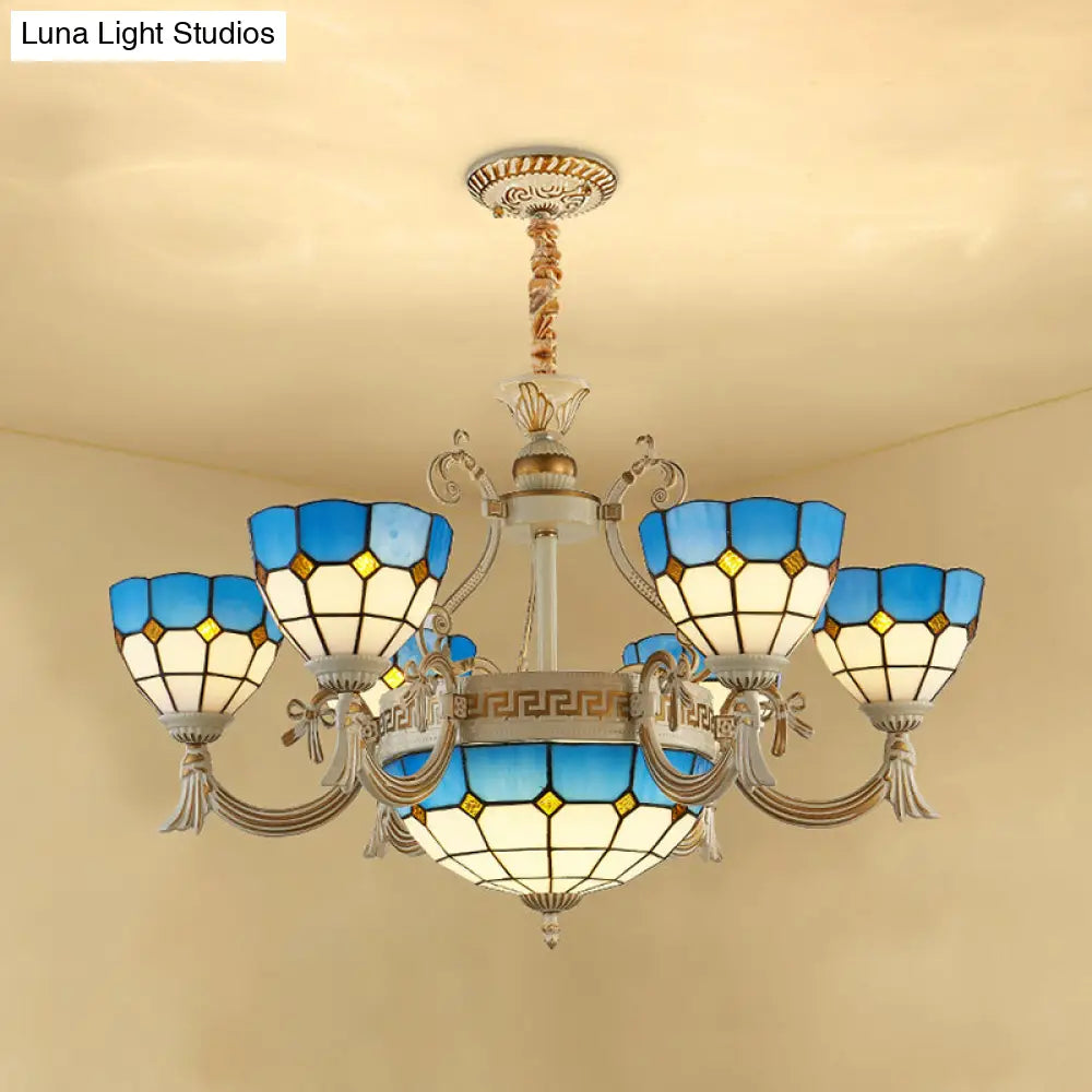 Mediterranean Domed Chandelier - 6/8 Lights Stained Glass Ceiling Lamp In Blue For Bedroom