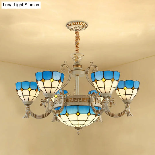 Mediterranean Domed Chandelier - 6/8 Lights Stained Glass Ceiling Lamp In Blue For Bedroom