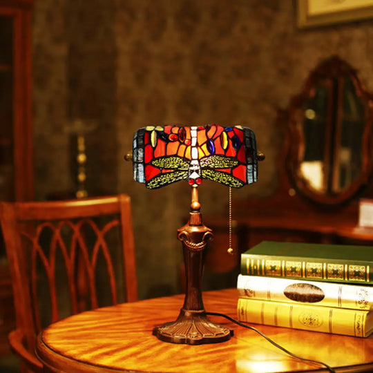 Mediterranean Dragonfly Hand-Cut Glass Banker Desk Lamp - Red Table Lighting