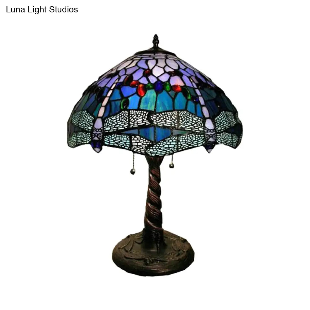 Mediterranean Dragonfly Nightstand Lamp Stained Glass Table Light For Bedroom