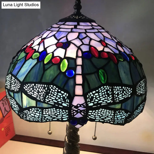 Mediterranean Dragonfly Nightstand Lamp Stained Glass Table Light For Bedroom