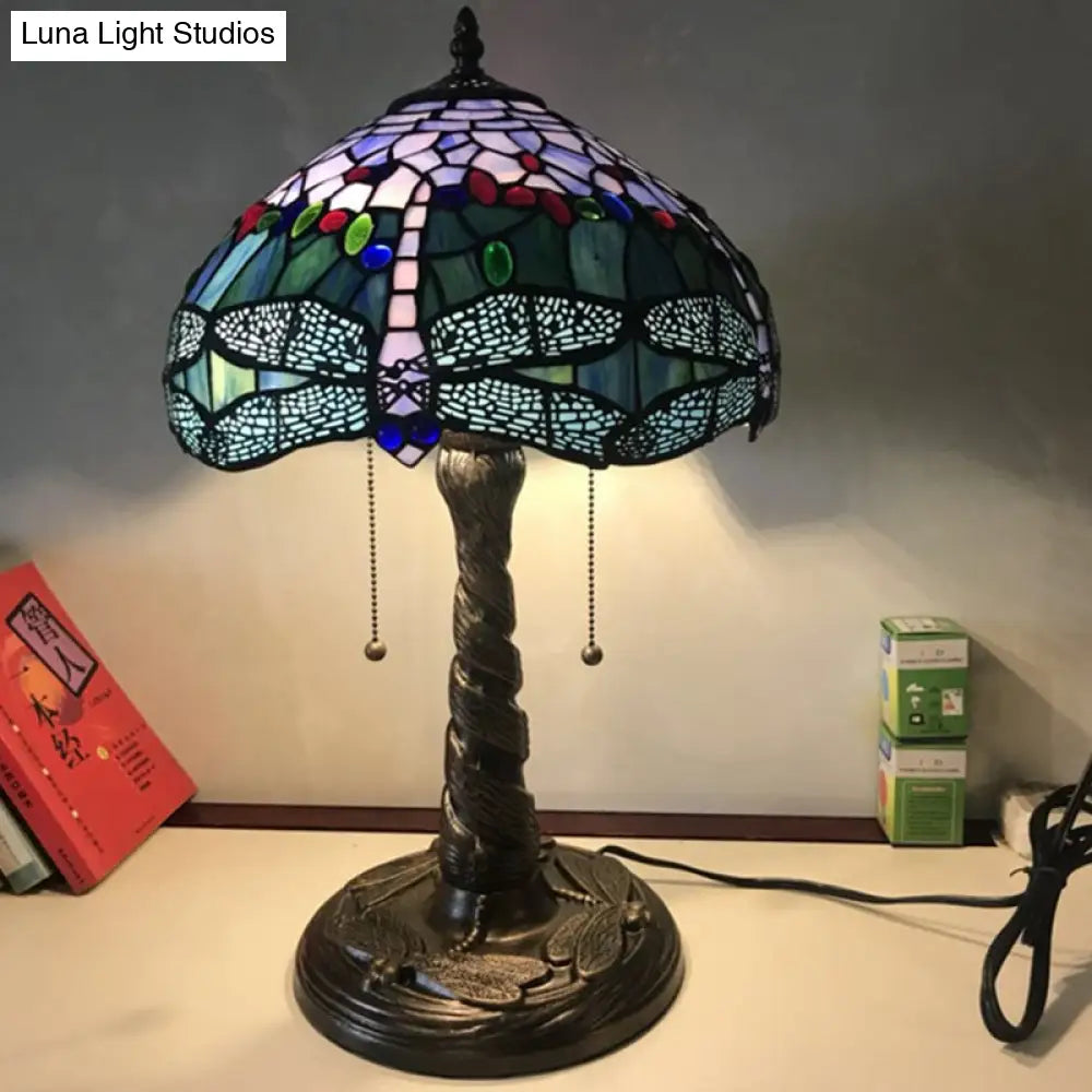 Mediterranean Dragonfly Nightstand Lamp Stained Glass Table Light For Bedroom