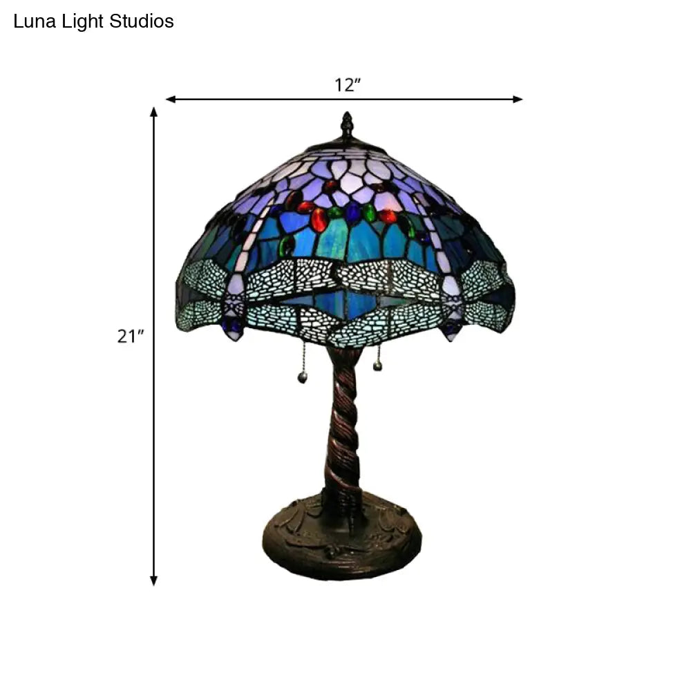 Mediterranean Dragonfly Nightstand Lamp Stained Glass Table Light For Bedroom