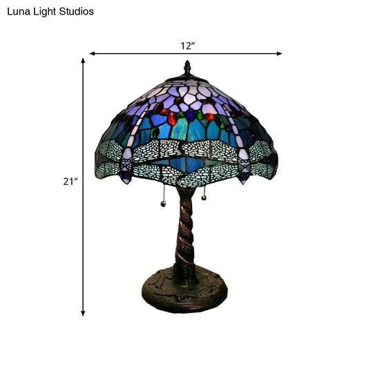 Mediterranean Dragonfly Nightstand Lamp Stained Glass Table Light For Bedroom