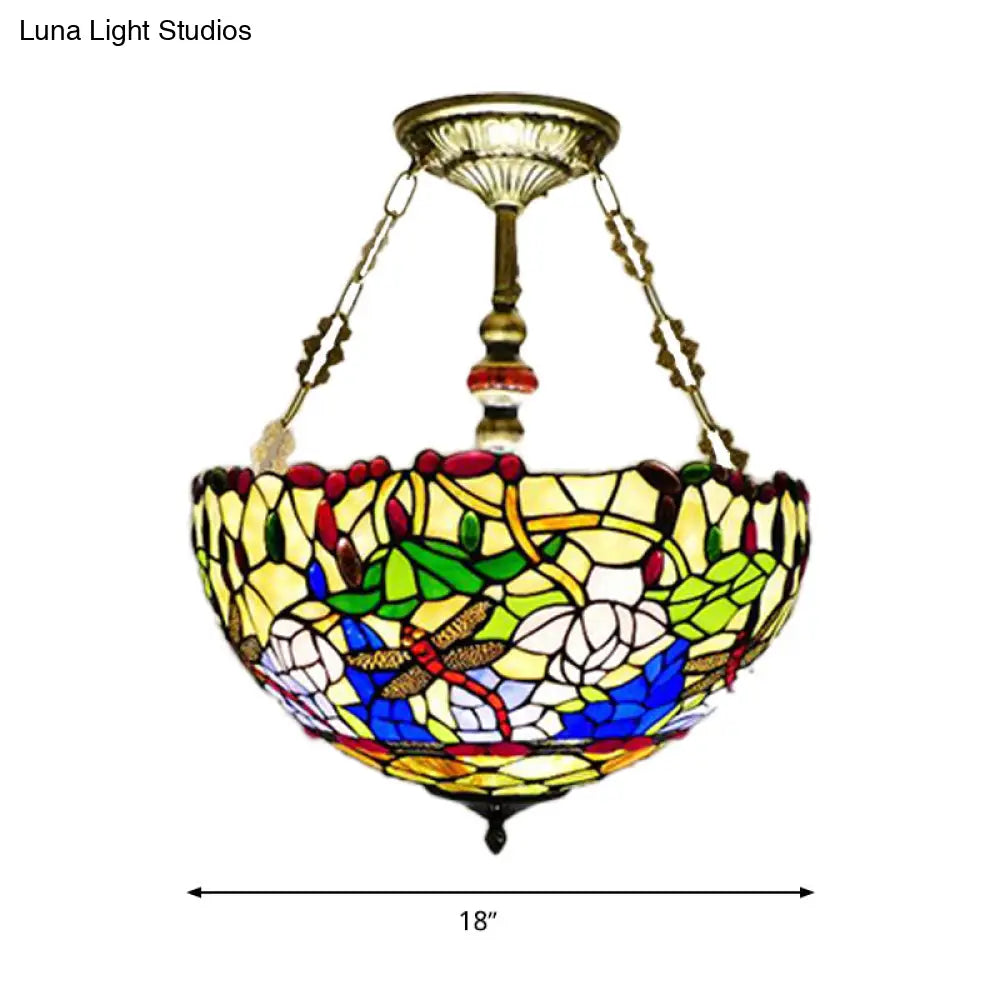 Mediterranean Dragonfly Stained Glass Ceiling Light - 5-Light Brass Flush Mount