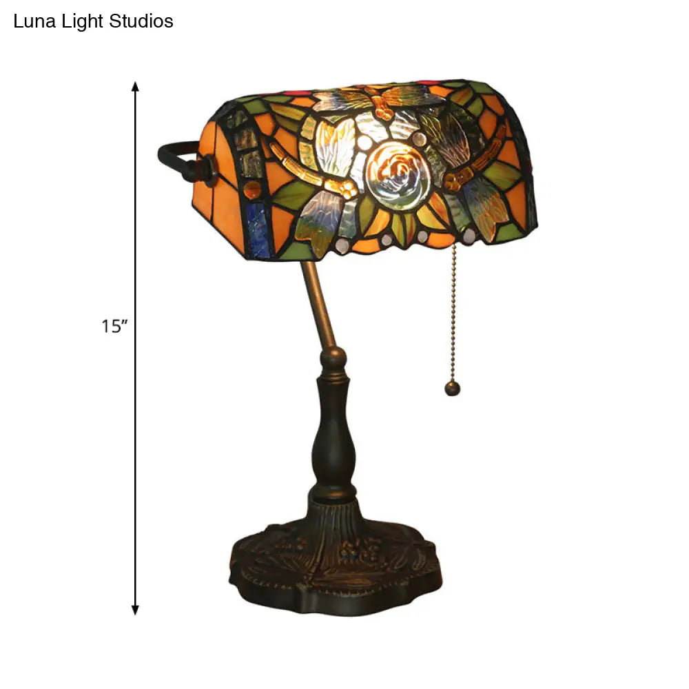 Mediterranean Dragonfly Stained Glass Nightstand Table Light In Bronze For Bedroom