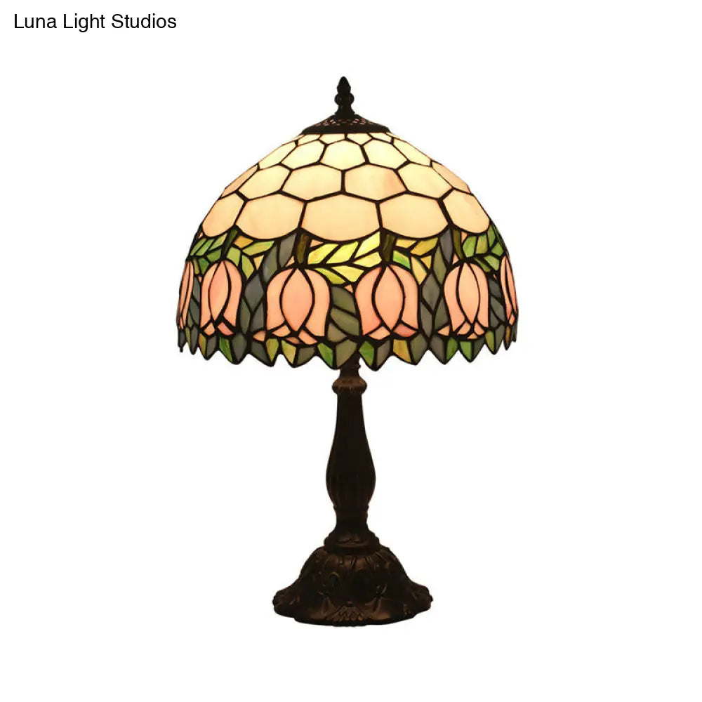 Mediterranean Dragonfly/Star/Tulip Stained Glass Table Lamp In Bronze For Bedside