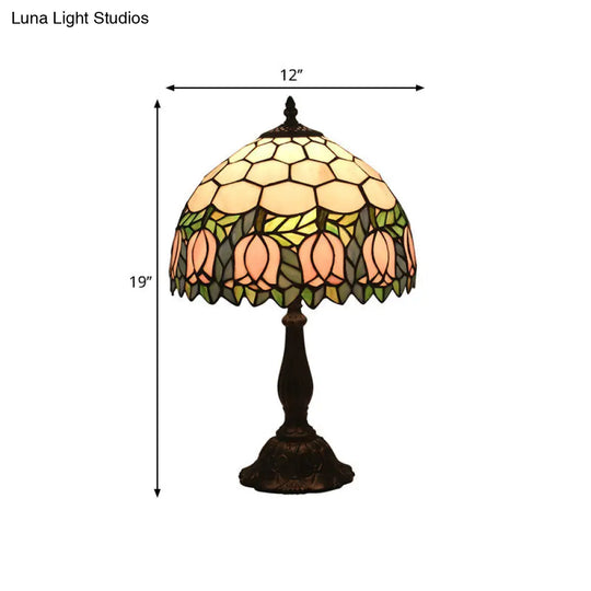 Mediterranean Dragonfly/Star/Tulip Stained Glass Table Lamp In Bronze For Bedside