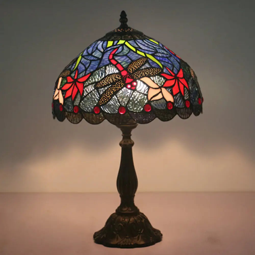 Mediterranean Dragonfly/Star/Tulip Stained Glass Table Lamp In Bronze For Bedside / Dragonfly