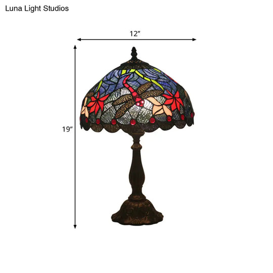 Mediterranean Dragonfly/Star/Tulip Stained Glass Table Lamp In Bronze For Bedside