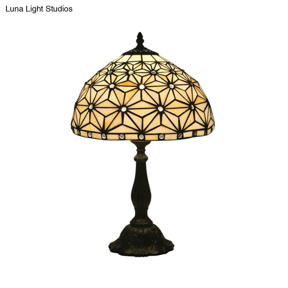 Mediterranean Dragonfly/Star/Tulip Stained Glass Table Lamp In Bronze For Bedside