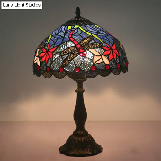 Mediterranean Dragonfly/Star/Tulip Stained Glass Table Lamp In Bronze For Bedside