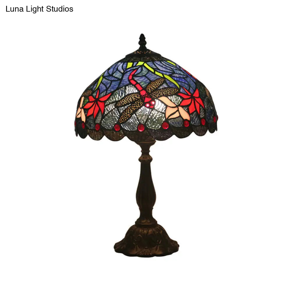 Mediterranean Dragonfly/Star/Tulip Stained Glass Table Lamp In Bronze For Bedside