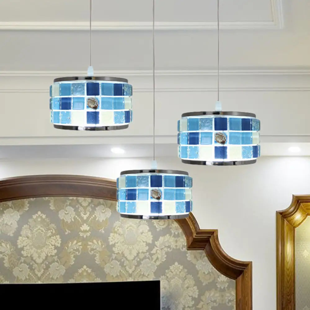 Mediterranean Drum Hanging Lamp With Blue Crystal Accents - 3 Lights Mosaic Design Round/Linear