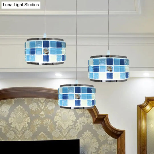 Mediterranean Blue Crystal Drum Hanging Lamp With Mosaic Design - 3 Lights Ceiling Pendant Light /