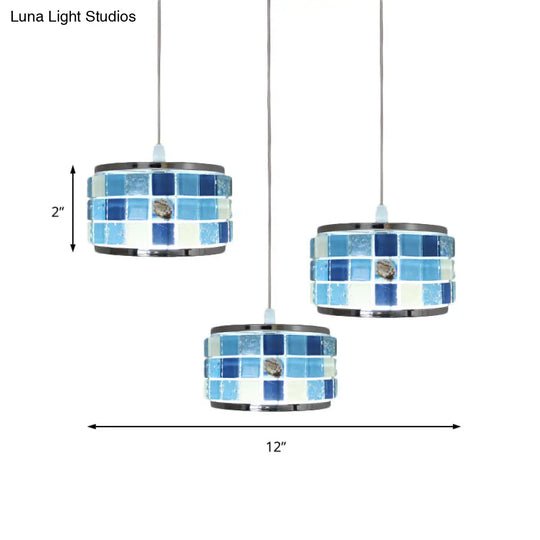 Mediterranean Drum Hanging Lamp With Blue Crystal Accents - 3 Lights Mosaic Design Round/Linear