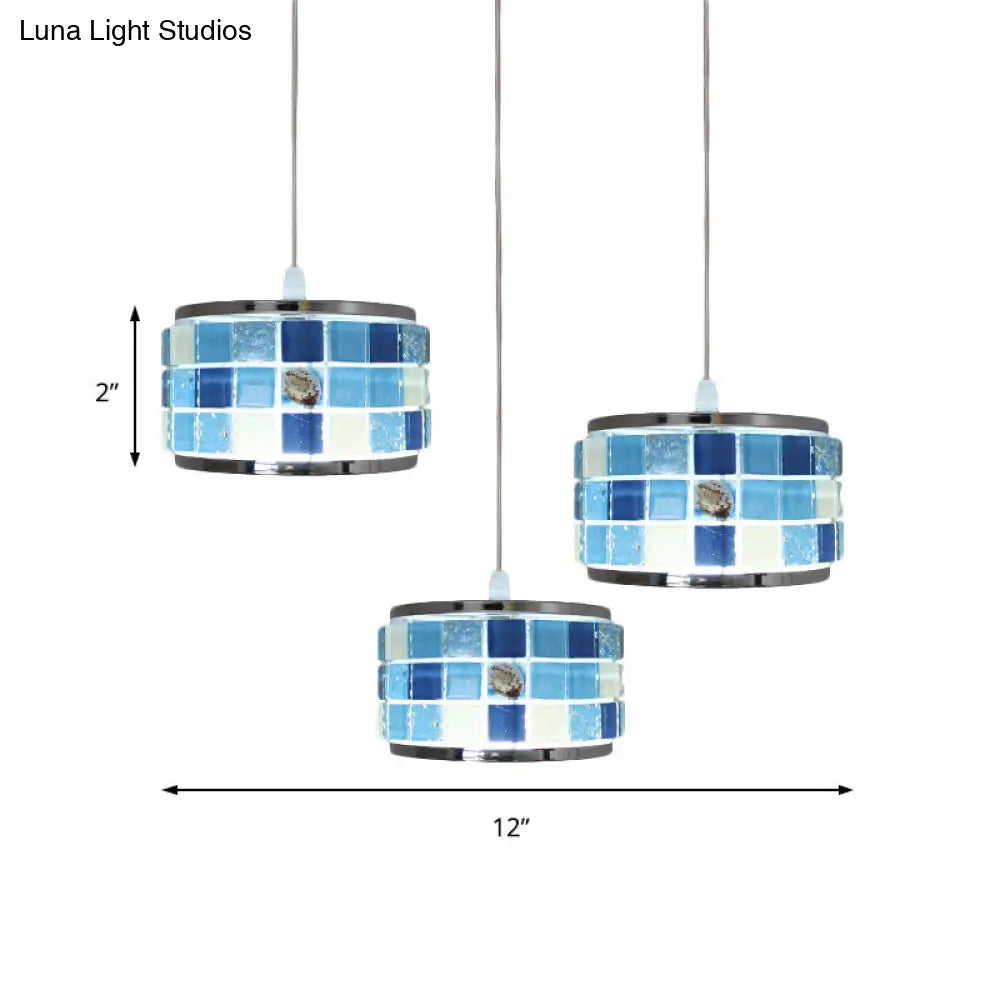 Mediterranean Blue Crystal Drum Hanging Lamp With Mosaic Design - 3 Lights Ceiling Pendant Light