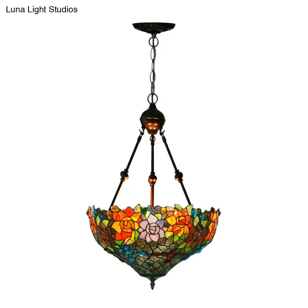 Mediterranean Floral Stained Art Glass Chandelier Pendant Light With 3 Hanging Lamps In