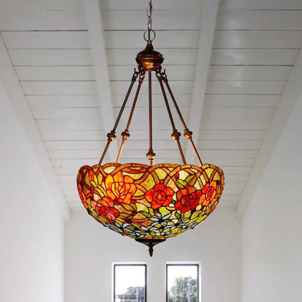 Mediterranean Floral Stained Art Glass Chandelier Pendant Light With 3 Hanging Lamps In