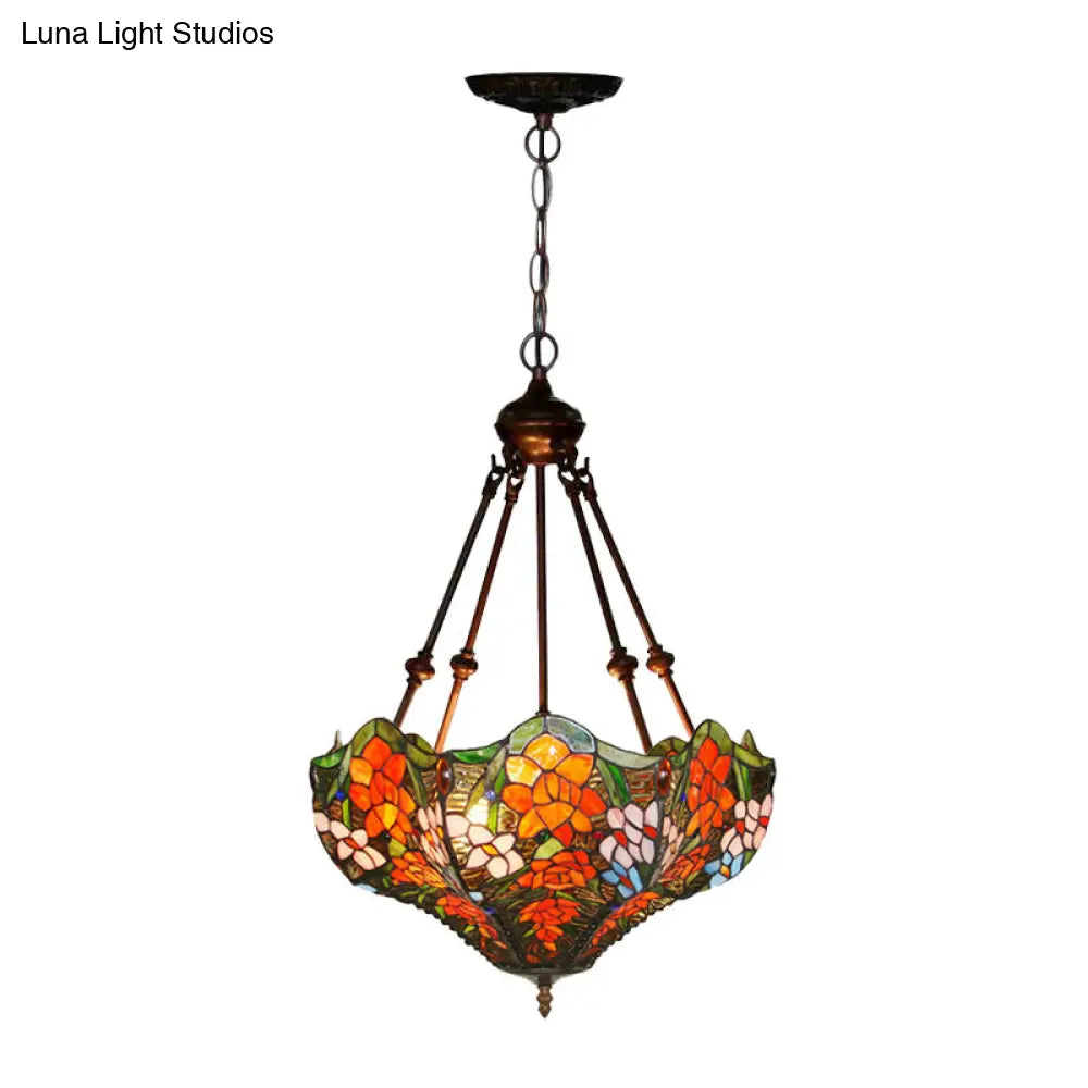 Mediterranean Floral Stained Art Glass Chandelier Pendant Light With 3 Hanging Lamps In