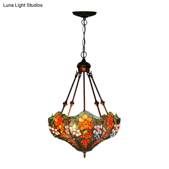 Mediterranean Floral Stained Art Glass Chandelier Pendant Light With 3 Hanging Lamps In