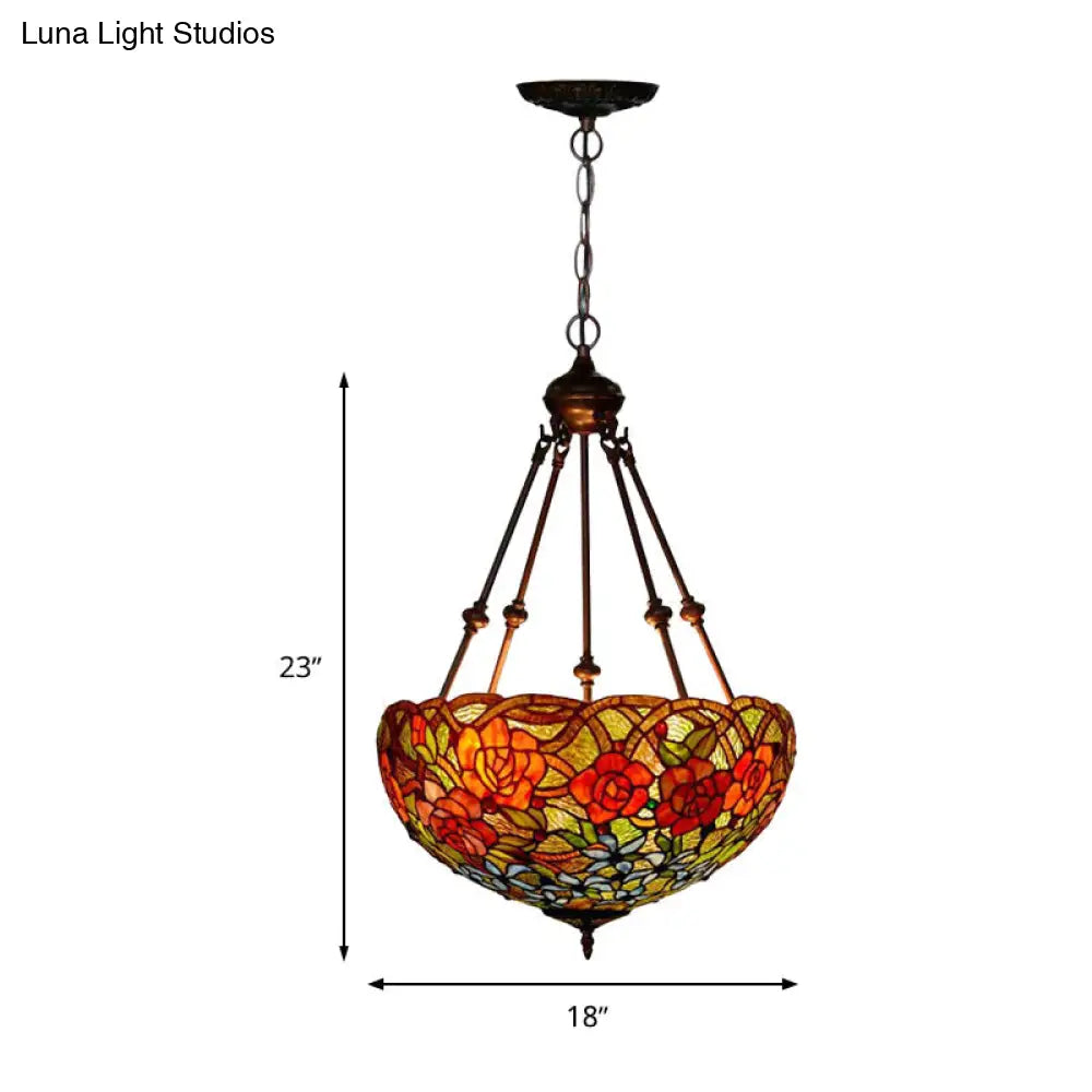 Mediterranean Floral Stained Art Glass Chandelier Pendant Light With 3 Hanging Lamps In