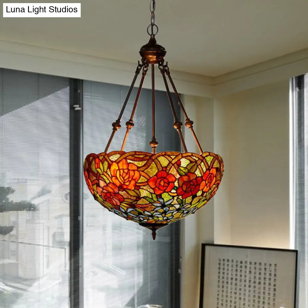 Mediterranean Floral Stained Art Glass Chandelier Pendant Light With 3 Hanging Lamps In