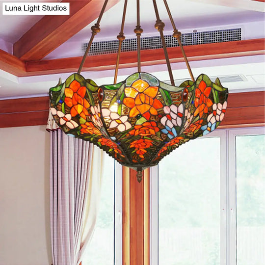 Mediterranean Art Glass Chandelier Pendant Light With Stained Flower Design - Red/Orange/Green