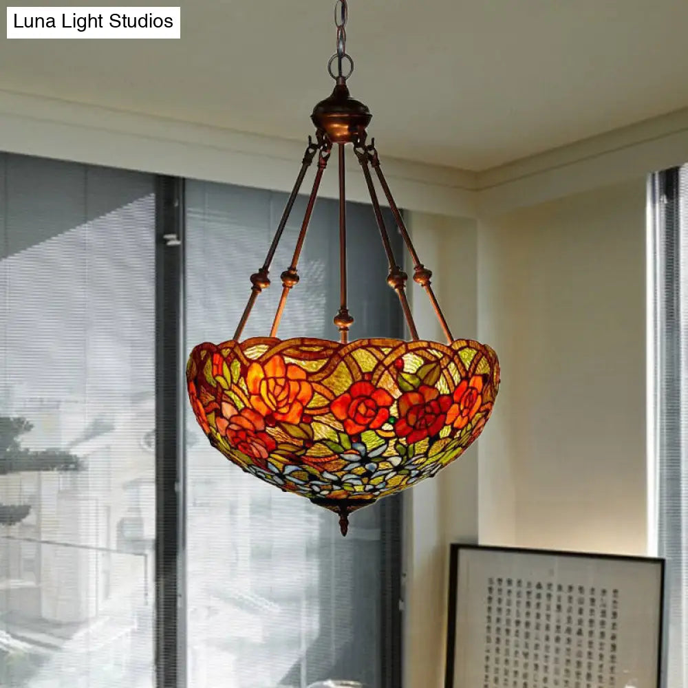 Mediterranean Art Glass Chandelier Pendant Light With Stained Flower Design - Red/Orange/Green