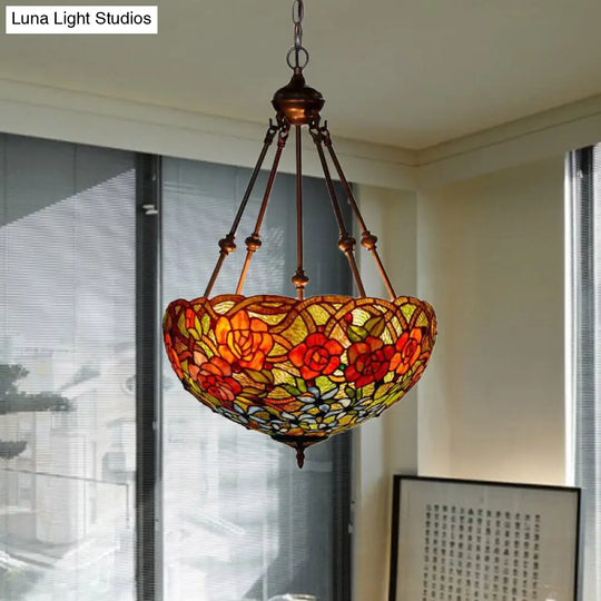 Mediterranean Art Glass Chandelier Pendant Light With Stained Flower Design - Red/Orange/Green